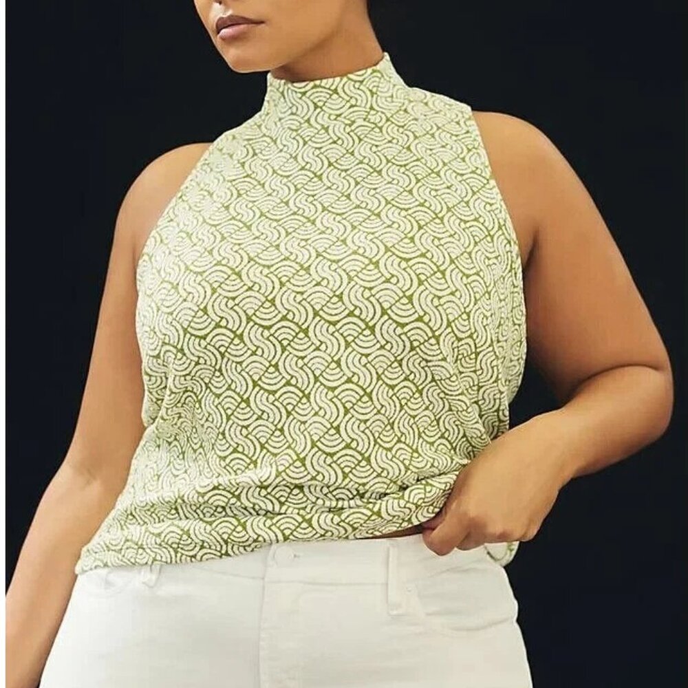 Anthropologie Maeve Structured Mock Neck Mod Top Green Geometric Print Large